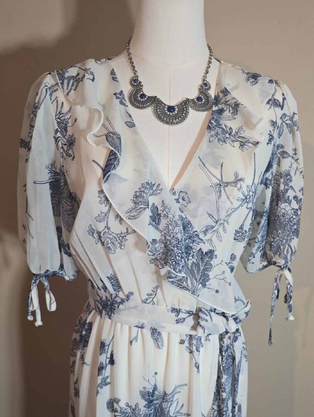 Blue & White Floral Ruffle Wrap Maxi Dress